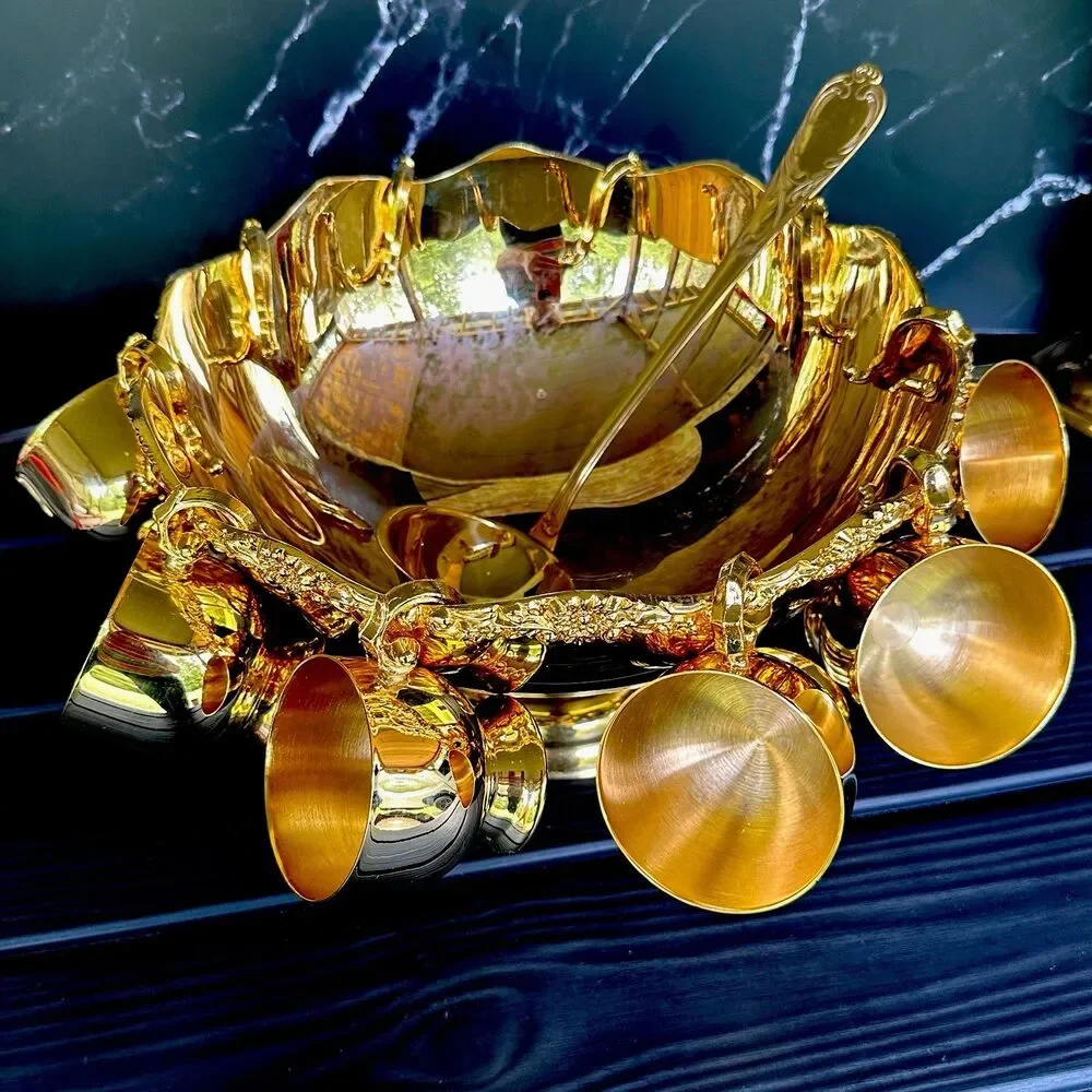 VTG Gold Tone Pedestal Punch Bowl Set 10 Cups Baroque Rococo + Solingen Ladle